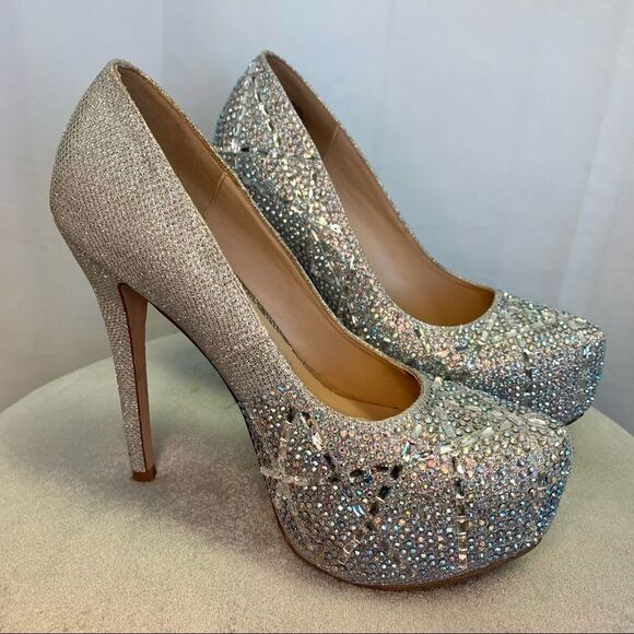 Silver with embellished iridescent Rhinestone gem platform pump High heels 8.5 - Picture 3 of 8